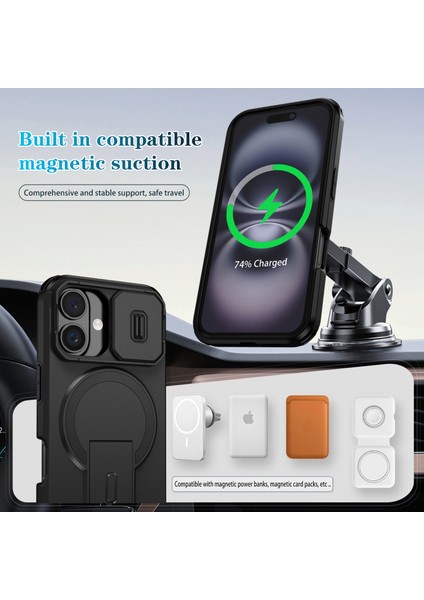 iPhone 16 Için Manyetik Kılıf, Kayar Kamera Korumalı Çift Katmanlı Darbeye Dayanıklı Telefon Kılıfı, Ayarlanabilir Stand, Siyah (Yurt Dışından) modelleri