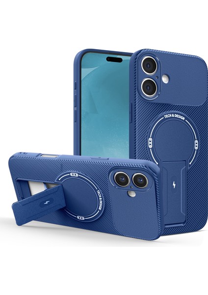 iPhone 16 Plus Için Manyetik Kılıf, Karbon Fiber Tasarım, Standlı Tpu Hibrit Telefon Kılıfı, Mavi (Yurt Dışından)