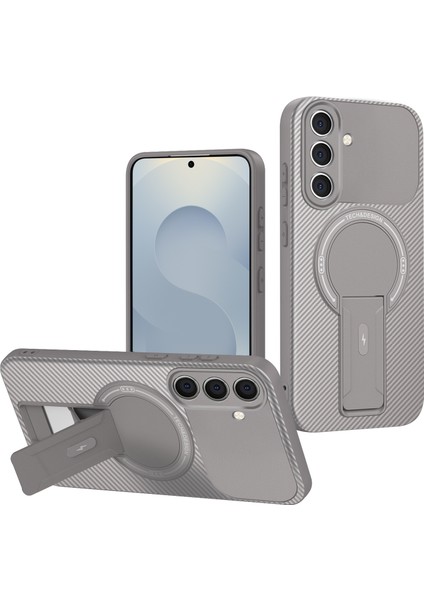 Samsung Galaxy S24+/S25+ Için Standlı Manyetik Karbon Fiber Tasarım Tpu Hibrit Telefon Kılıfı, Gri (Yurt Dışından)