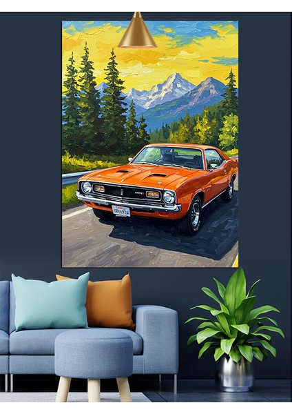 Eski Model Turuncu Spor Araba Orman Yolu Dekoratif Kanvas - Mdf Ahşap Tablo