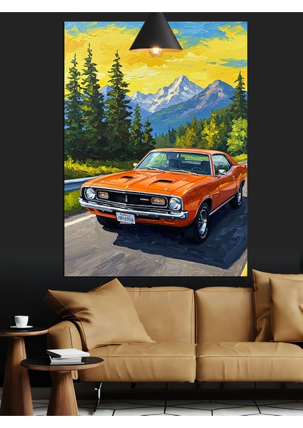 Eski Model Turuncu Spor Araba Orman Yolu Dekoratif Kanvas - Mdf Ahşap Tablo fiyatları