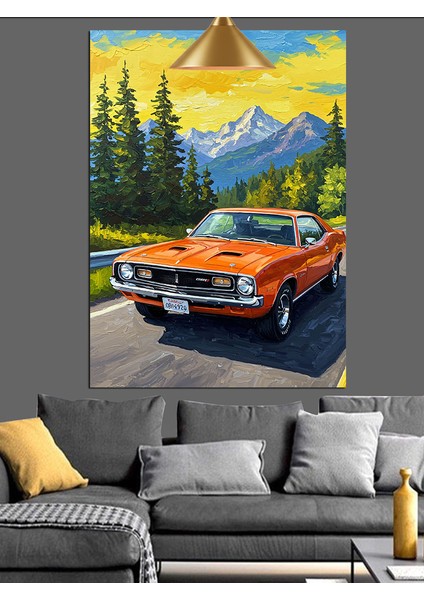 Eski Model Turuncu Spor Araba Orman Yolu Dekoratif Kanvas - Mdf Ahşap Tablo modelleri