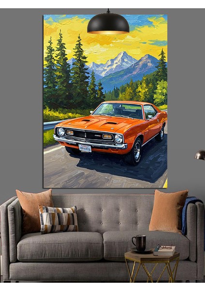 Eski Model Turuncu Spor Araba Orman Yolu Dekoratif Kanvas - Mdf Ahşap Tablo indirimleri