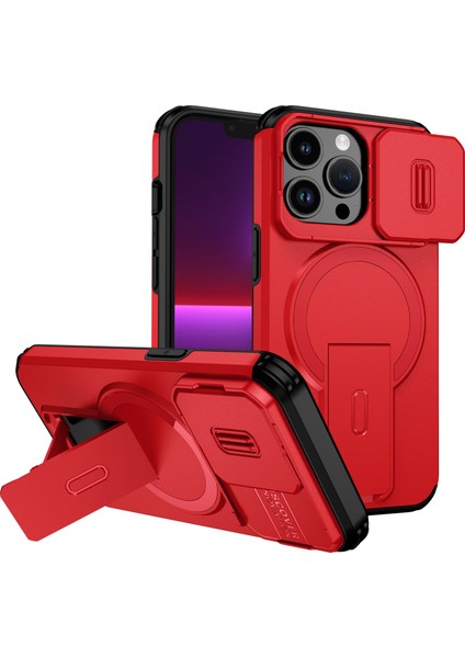 iPhone 13 Pro Için Manyetik Kılıf, Kayar Kamera Korumalı Çift Katmanlı Darbeye Dayanıklı Telefon Kılıfı, Ayarlanabilir Stand, Kırmızı (Yurt Dışından)
