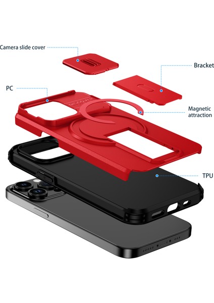 iPhone 13 Pro Için Manyetik Kılıf, Kayar Kamera Korumalı Çift Katmanlı Darbeye Dayanıklı Telefon Kılıfı, Ayarlanabilir Stand, Kırmızı (Yurt Dışından) fiyatları