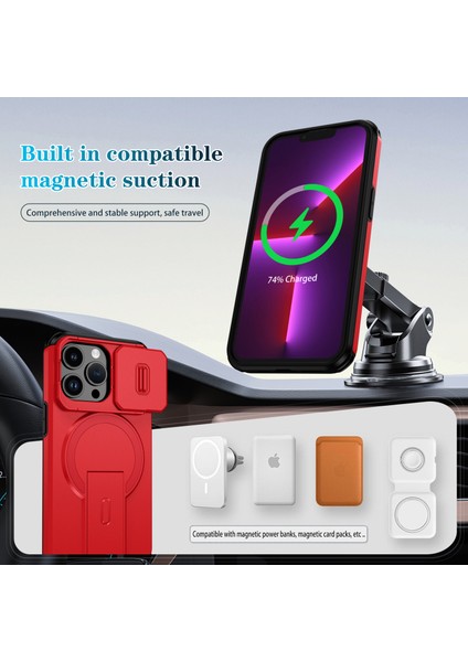 iPhone 13 Pro Için Manyetik Kılıf, Kayar Kamera Korumalı Çift Katmanlı Darbeye Dayanıklı Telefon Kılıfı, Ayarlanabilir Stand, Kırmızı (Yurt Dışından) modelleri