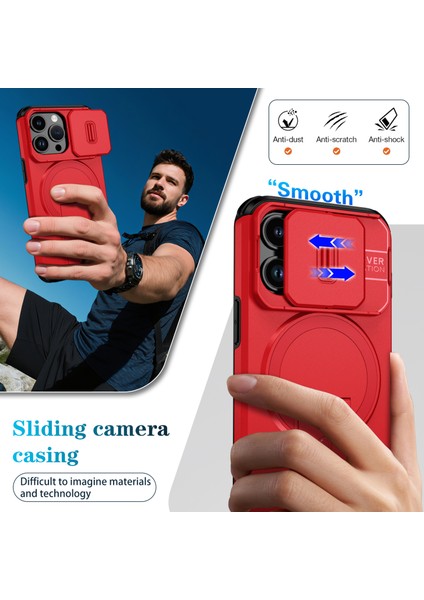 iPhone 13 Pro Için Manyetik Kılıf, Kayar Kamera Korumalı Çift Katmanlı Darbeye Dayanıklı Telefon Kılıfı, Ayarlanabilir Stand, Kırmızı (Yurt Dışından) fırsatları
