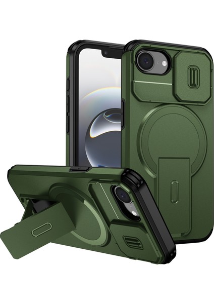 iPhone 16E Için Manyetik Kılıf, Kayar Kamera Korumalı Çift Katmanlı Darbeye Dayanıklı Telefon Kılıfı, Ayarlanabilir Stand, Yeşil (Yurt Dışından)