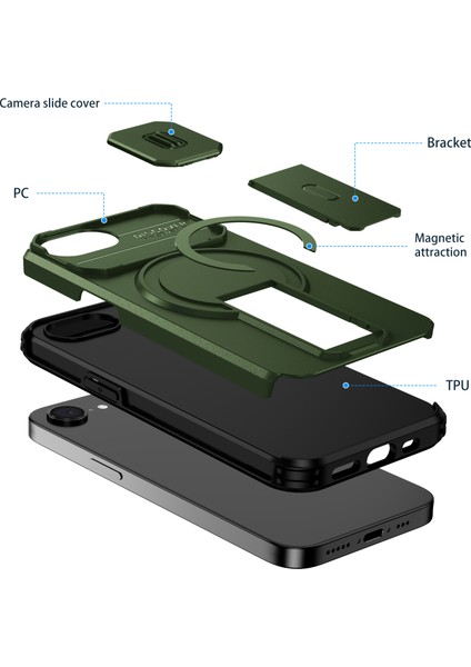 iPhone 16E Için Manyetik Kılıf, Kayar Kamera Korumalı Çift Katmanlı Darbeye Dayanıklı Telefon Kılıfı, Ayarlanabilir Stand, Yeşil (Yurt Dışından) fiyatları