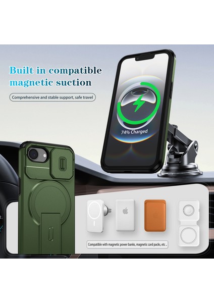 iPhone 16E Için Manyetik Kılıf, Kayar Kamera Korumalı Çift Katmanlı Darbeye Dayanıklı Telefon Kılıfı, Ayarlanabilir Stand, Yeşil (Yurt Dışından) modelleri