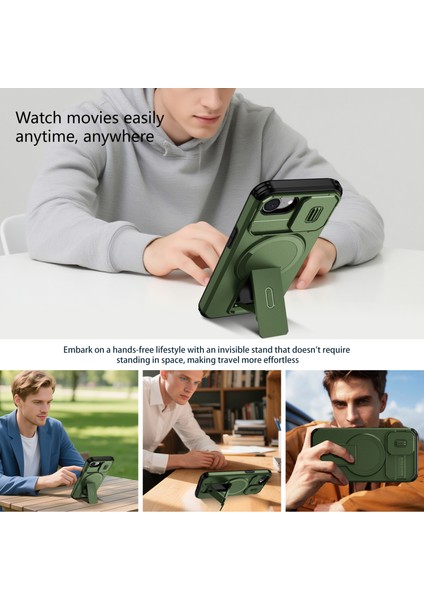 iPhone 16E Için Manyetik Kılıf, Kayar Kamera Korumalı Çift Katmanlı Darbeye Dayanıklı Telefon Kılıfı, Ayarlanabilir Stand, Yeşil (Yurt Dışından) indirimleri