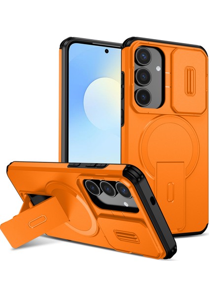 Samsung Galaxy S25 Fe Için Manyetik Kılıf, Kayar Kamera Korumalı Çift Katmanlı Darbeye Dayanıklı Telefon Kılıfı, Ayarlanabilir Stand, Turuncu (Yurt Dışından)