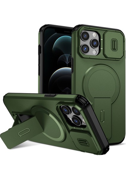 iPhone 12 Pro Max Için Manyetik Kılıf, Kayar Kamera Korumalı Çift Katmanlı Darbeye Dayanıklı Telefon Kılıfı, Ayarlanabilir Stand, Yeşil (Yurt Dışından)