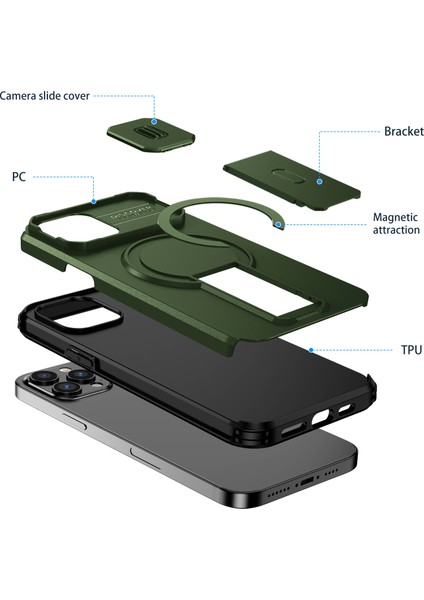 iPhone 12 Pro Max Için Manyetik Kılıf, Kayar Kamera Korumalı Çift Katmanlı Darbeye Dayanıklı Telefon Kılıfı, Ayarlanabilir Stand, Yeşil (Yurt Dışından) fiyatları