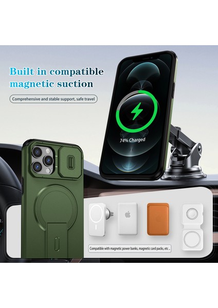 iPhone 12 Pro Max Için Manyetik Kılıf, Kayar Kamera Korumalı Çift Katmanlı Darbeye Dayanıklı Telefon Kılıfı, Ayarlanabilir Stand, Yeşil (Yurt Dışından) modelleri