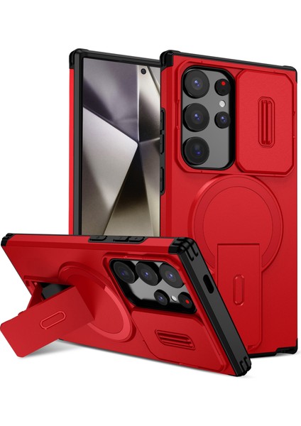Samsung Galaxy S24 Ultra Için Manyetik Kılıf, Kayar Kamera Korumalı Çift Katmanlı Darbeye Dayanıklı Telefon Kılıfı, Ayarlanabilir Stand, Kırmızı (Yurt Dışından)
