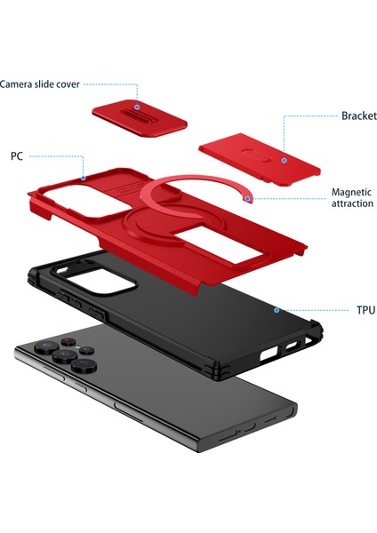 Samsung Galaxy S24 Ultra Için Manyetik Kılıf, Kayar Kamera Korumalı Çift Katmanlı Darbeye Dayanıklı Telefon Kılıfı, Ayarlanabilir Stand, Kırmızı (Yurt Dışından) fiyatları