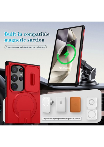 Samsung Galaxy S24 Ultra Için Manyetik Kılıf, Kayar Kamera Korumalı Çift Katmanlı Darbeye Dayanıklı Telefon Kılıfı, Ayarlanabilir Stand, Kırmızı (Yurt Dışından) modelleri