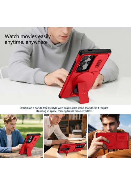 Samsung Galaxy S24 Ultra Için Manyetik Kılıf, Kayar Kamera Korumalı Çift Katmanlı Darbeye Dayanıklı Telefon Kılıfı, Ayarlanabilir Stand, Kırmızı (Yurt Dışından) indirimleri