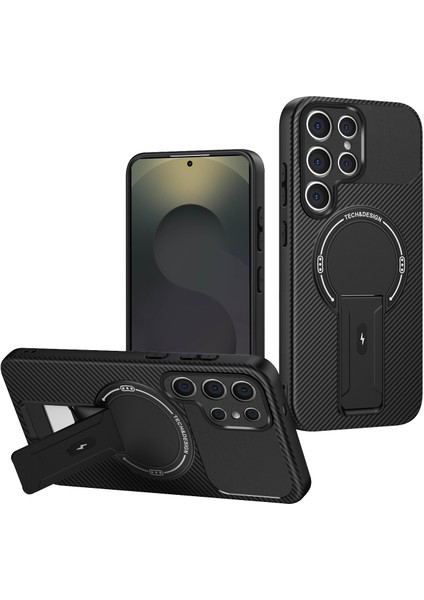 Samsung Galaxy S22 Ultra Için Manyetik Karbon Fiber Tasarım Tpu Hibrit Telefon Kılıfı ve Standı, Siyah (Yurt Dışından)