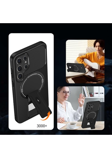 Samsung Galaxy S22 Ultra Için Manyetik Karbon Fiber Tasarım Tpu Hibrit Telefon Kılıfı ve Standı, Siyah (Yurt Dışından) fiyatları