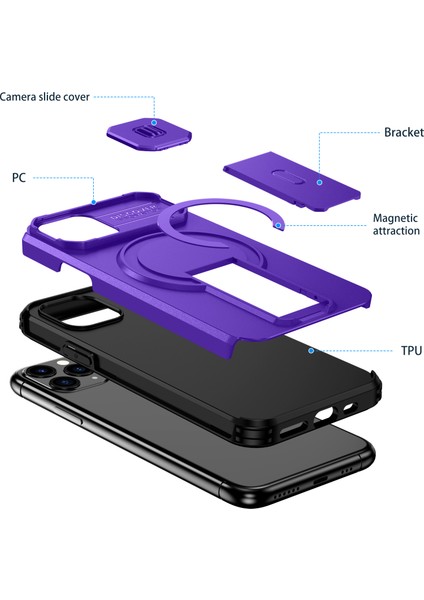 iPhone 11 Pro Için Manyetik Kılıf, Kayar Kamera Korumalı Çift Katmanlı Darbeye Dayanıklı Telefon Kılıfı, Ayarlanabilir Stand, Mor (Yurt Dışından) fiyatları
