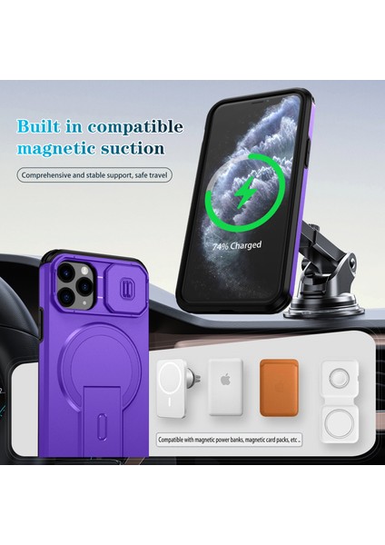 iPhone 11 Pro Için Manyetik Kılıf, Kayar Kamera Korumalı Çift Katmanlı Darbeye Dayanıklı Telefon Kılıfı, Ayarlanabilir Stand, Mor (Yurt Dışından) modelleri