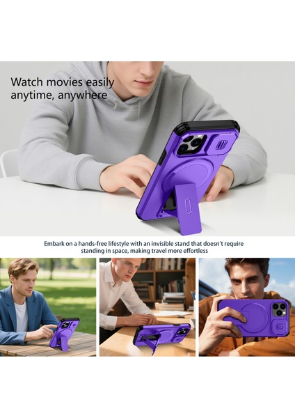 iPhone 11 Pro Için Manyetik Kılıf, Kayar Kamera Korumalı Çift Katmanlı Darbeye Dayanıklı Telefon Kılıfı, Ayarlanabilir Stand, Mor (Yurt Dışından) indirimleri