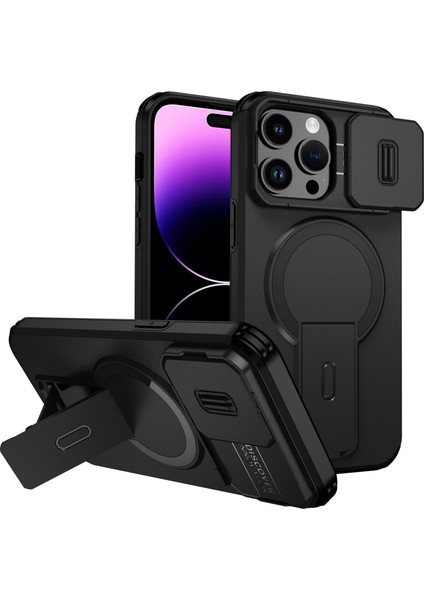 iPhone 14 Pro Max Için Manyetik Kılıf, Kayar Kamera Korumalı Çift Katmanlı Darbeye Dayanıklı Telefon Kılıfı, Ayarlanabilir Stand, Siyah (Yurt Dışından)