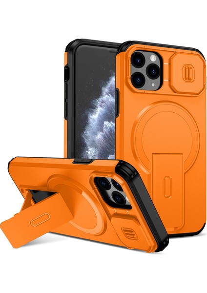 iPhone 11 Pro Için Manyetik Kılıf, Kayar Kamera Korumalı Çift Katmanlı Darbeye Dayanıklı Telefon Kılıfı, Ayarlanabilir Stand, Turuncu (Yurt Dışından)