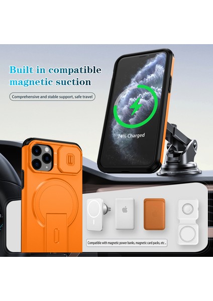 iPhone 11 Pro Için Manyetik Kılıf, Kayar Kamera Korumalı Çift Katmanlı Darbeye Dayanıklı Telefon Kılıfı, Ayarlanabilir Stand, Turuncu (Yurt Dışından) modelleri