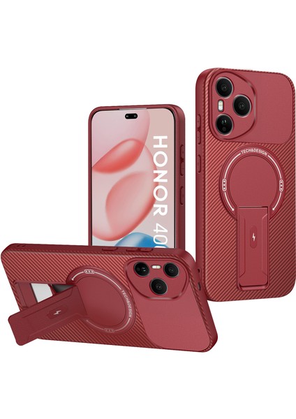 Honor 400 Için Manyetik Kılıf, Standlı Karbon Fiber Tasarımlı Tpu Hibrit Telefon Kılıfı, Kırmızı (Yurt Dışından)
