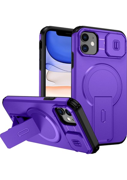 iPhone 11 Için Manyetik Kılıf, Kayar Kamera Korumalı Çift Katmanlı Darbeye Dayanıklı Telefon Kılıfı, Ayarlanabilir Stand, Mor (Yurt Dışından)