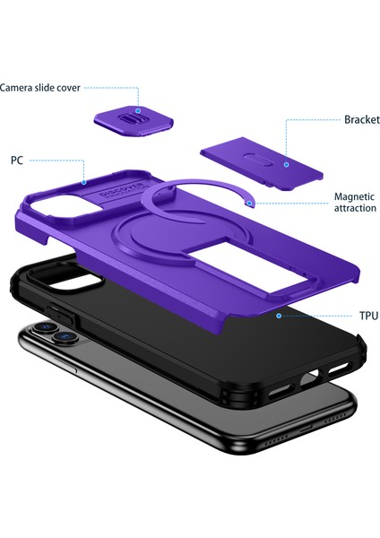 iPhone 11 Için Manyetik Kılıf, Kayar Kamera Korumalı Çift Katmanlı Darbeye Dayanıklı Telefon Kılıfı, Ayarlanabilir Stand, Mor (Yurt Dışından) fiyatları