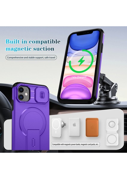 iPhone 11 Için Manyetik Kılıf, Kayar Kamera Korumalı Çift Katmanlı Darbeye Dayanıklı Telefon Kılıfı, Ayarlanabilir Stand, Mor (Yurt Dışından) modelleri
