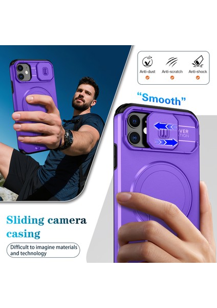 iPhone 11 Için Manyetik Kılıf, Kayar Kamera Korumalı Çift Katmanlı Darbeye Dayanıklı Telefon Kılıfı, Ayarlanabilir Stand, Mor (Yurt Dışından) fırsatları