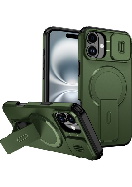 iPhone 16 Plus Için Manyetik Kılıf, Kayar Kamera Korumalı Çift Katmanlı Darbeye Dayanıklı Telefon Kılıfı, Ayarlanabilir Stand, Yeşil (Yurt Dışından)