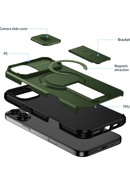 iPhone 16 Plus Için Manyetik Kılıf, Kayar Kamera Korumalı Çift Katmanlı Darbeye Dayanıklı Telefon Kılıfı, Ayarlanabilir Stand, Yeşil (Yurt Dışından) fiyatları