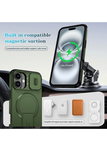 iPhone 16 Plus Için Manyetik Kılıf, Kayar Kamera Korumalı Çift Katmanlı Darbeye Dayanıklı Telefon Kılıfı, Ayarlanabilir Stand, Yeşil (Yurt Dışından) modelleri