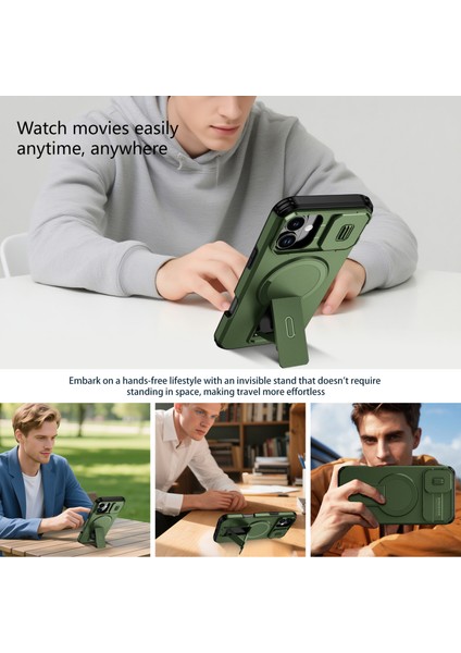 iPhone 16 Plus Için Manyetik Kılıf, Kayar Kamera Korumalı Çift Katmanlı Darbeye Dayanıklı Telefon Kılıfı, Ayarlanabilir Stand, Yeşil (Yurt Dışından) indirimleri