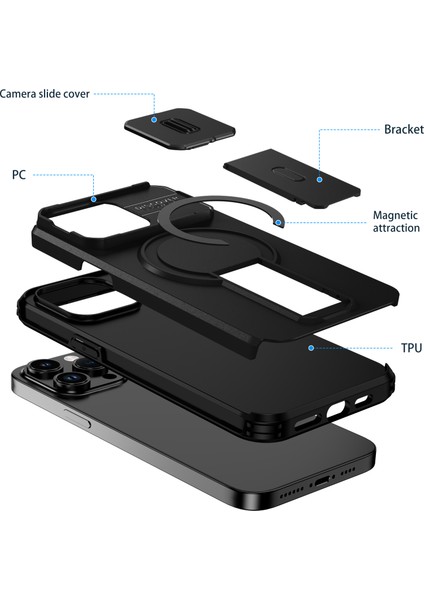 iPhone 14 Pro Max Için Manyetik Kılıf, Kayar Kamera Korumalı Çift Katmanlı Darbeye Dayanıklı Telefon Kılıfı, Ayarlanabilir Stand, Siyah (Yurt Dışından) fiyatları