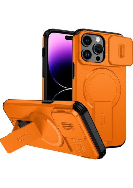 iPhone 14 Pro Max Için Manyetik Kılıf, Kayar Kamera Korumalı Çift Katmanlı Darbeye Dayanıklı Telefon Kılıfı, Ayarlanabilir Stand, Turuncu (Yurt Dışından)