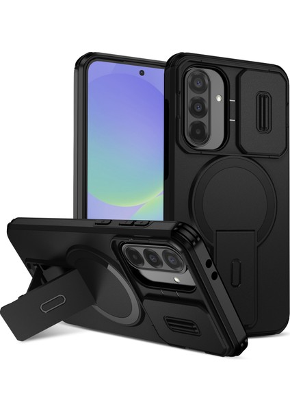 Samsung Galaxy A56/A36 Için Manyetik Kılıf, Kayar Kamera Korumalı Çift Katmanlı Darbeye Dayanıklı Telefon Kılıfı, Ayarlanabilir Stand, Siyah (Yurt Dışından)