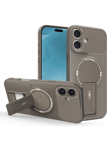 iPhone 16 Plus Için Manyetik Kılıf, Karbon Fiber Tasarım, Standlı Tpu Hibrit Telefon Kılıfı, Kahverengi (Yurt Dışından)