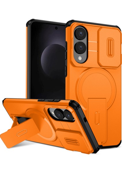 Samsung Galaxy S25 Edge Için Manyetik Kılıf, Kayar Kamera Korumalı Çift Katmanlı Darbeye Dayanıklı Telefon Kılıfı, Ayarlanabilir Stand, Turuncu (Yurt Dışından)