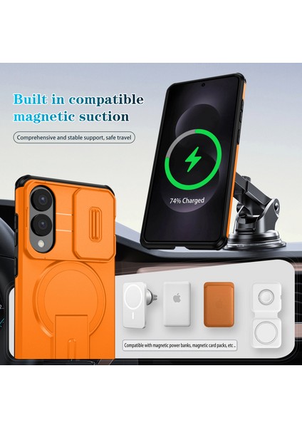 Samsung Galaxy S25 Edge Için Manyetik Kılıf, Kayar Kamera Korumalı Çift Katmanlı Darbeye Dayanıklı Telefon Kılıfı, Ayarlanabilir Stand, Turuncu (Yurt Dışından) modelleri