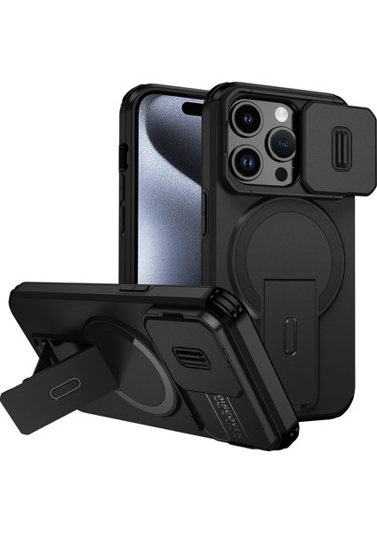 iPhone 15 Pro Için Manyetik Kılıf, Kayar Kamera Korumalı Çift Katmanlı Darbeye Dayanıklı Telefon Kılıfı, Ayarlanabilir Stand, Siyah (Yurt Dışından)