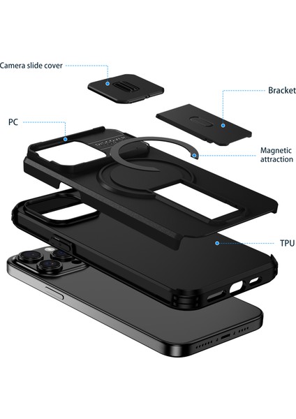 iPhone 15 Pro Için Manyetik Kılıf, Kayar Kamera Korumalı Çift Katmanlı Darbeye Dayanıklı Telefon Kılıfı, Ayarlanabilir Stand, Siyah (Yurt Dışından) fiyatları
