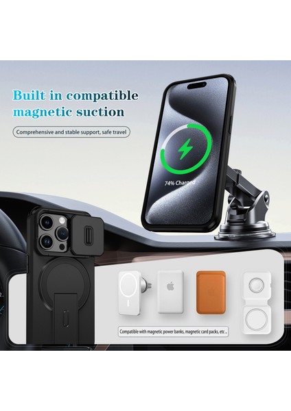 iPhone 15 Pro Için Manyetik Kılıf, Kayar Kamera Korumalı Çift Katmanlı Darbeye Dayanıklı Telefon Kılıfı, Ayarlanabilir Stand, Siyah (Yurt Dışından) modelleri