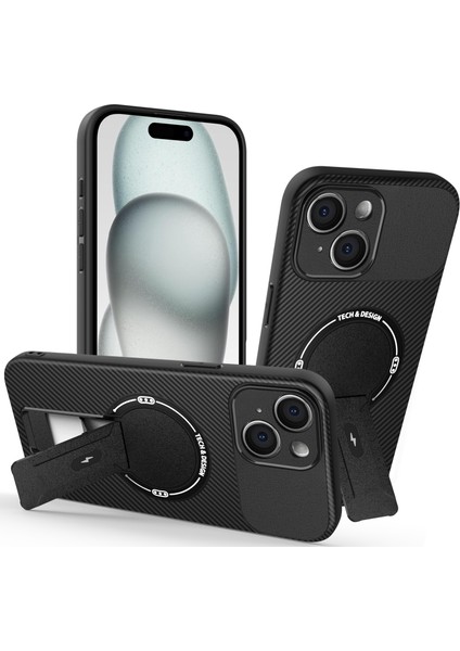 iPhone 13 Için Manyetik Kılıf, Karbon Fiber Tasarım, Standlı Tpu Hibrit Telefon Kılıfı, Siyah (Yurt Dışından)